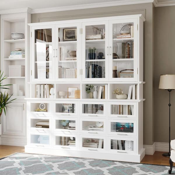 78.7 in. Tall White Wood 22-Shelf Standard Bookcase with Glass Doors, Glass Display Cabinet with Storage Cubes