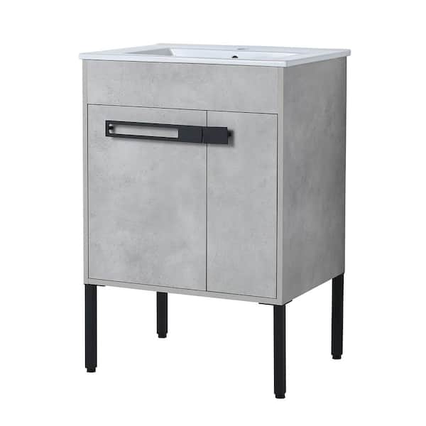 JimsMaison 24 in. W x 18 in. D x 34 in. H Bath Vanity Set in Cement Grey with Ceramic Vanity Top in White with White Basin