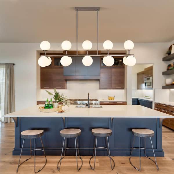 15-Light Silver Linear Sputnik Chandelier with Opal Glass Globe Shade for Dining Room Kitchen Island