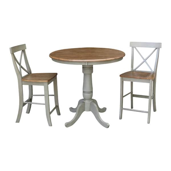 International Concepts Hampton 3-Piece 36 in. Hickory/Stone Round Solid Wood Counter Height Dining Set with X-Back Stools