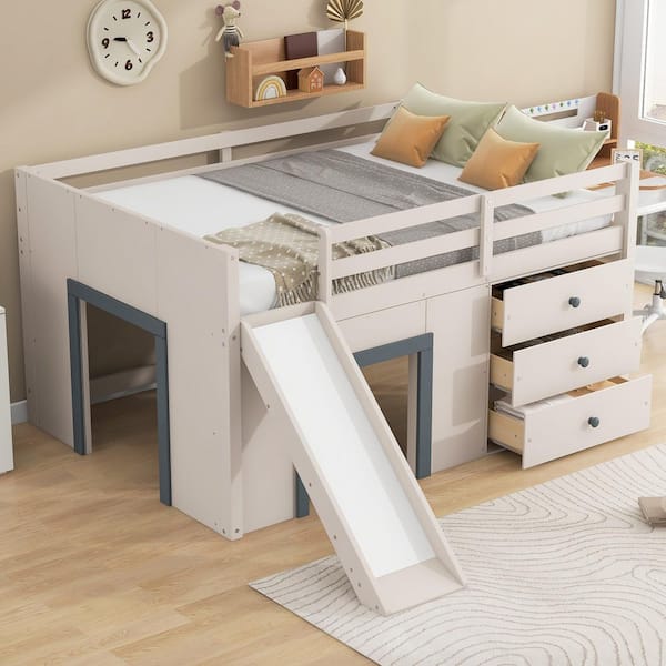 Beige/Gray Full Wood Loft Bed with Slide
