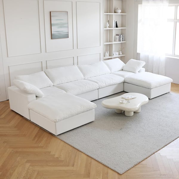 J&E Home 160.6 in. Square Arm Linen Modular 3-Piece Free Combination Modular Sectional Sofa in White