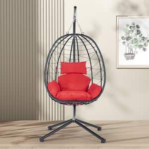Outdoor Indoor Egg Chair with Stand and Red Cushion PE Wicker Patio Chair Swing Chair Lounge Hanging Basket Chair