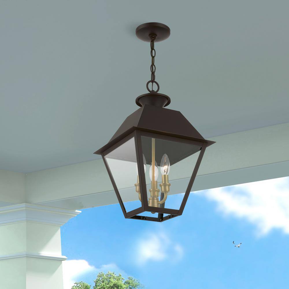 Bronze and Antique Brass 3-Light Outdoor Pendant with Clear Glass