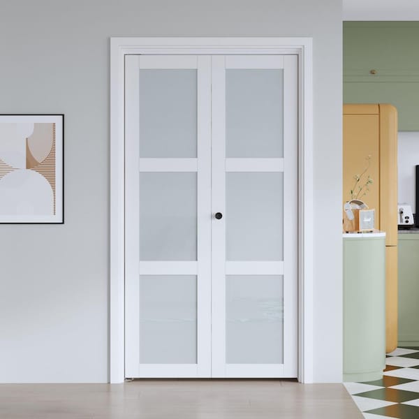 42 in. x 80 in. 3 Lite Frosted Glass White Finished Solid MDF Bi-Fold Door with Hardware Kit