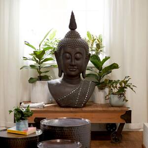 Black Polystone Meditating Buddha Sculpture with Engraved Carvings and Relief Detailing