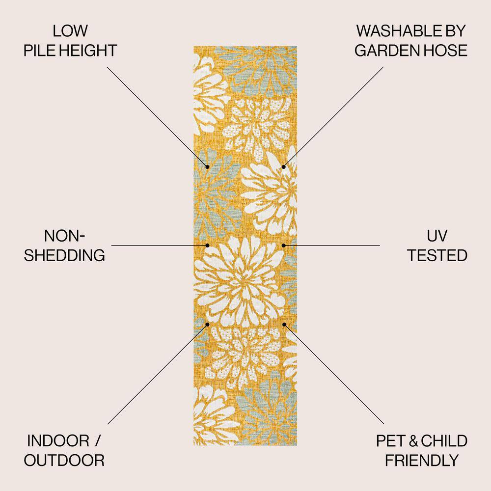 Reversible Floral Yellow/Cream Synthetic Indoor/Outdoor Area Rug