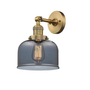 Franklin Restoration Large Bell 8 in. 1 Light Brushed Brass Wall Sconce with Plated Smoke Glass Shade