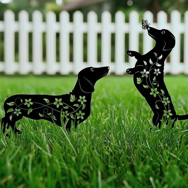 OGETFUUR 18.1 x 9.6 in. Black Rust Proof Metal Dachshund Garden