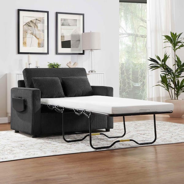47.2 in. Square Arm Corduroy Rectangle Sofa with Sofa Bed, Foldable Design, USB Ports and Pockets in Black (Seats 2)