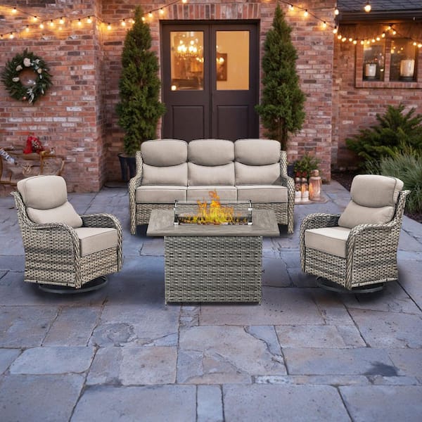 5-Seat 5-Piece Gray Wicker Outdoor Fire Pit Patio Set with Beige Cushions, Swivel Chairs and Fire Pit Table