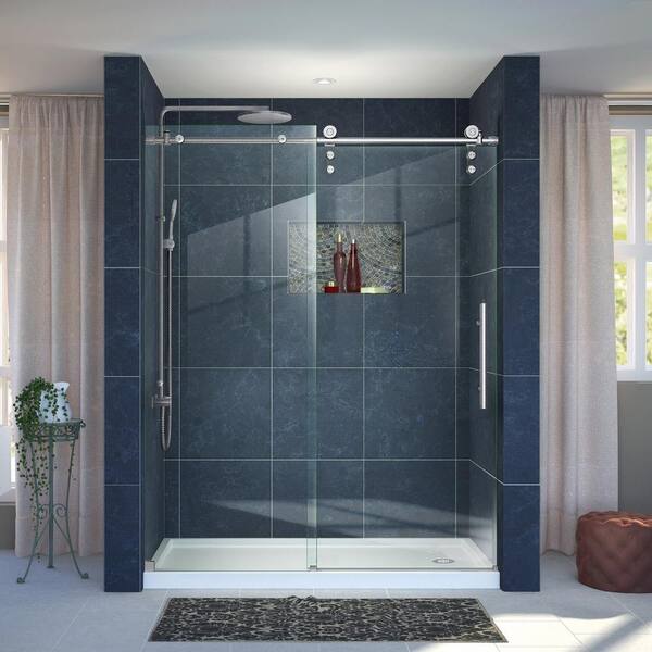DreamLine Enigma-Z 32 in. x 60 in. x 78.75 in. Frameless Sliding Shower Door in Brushed Stainless Steel with Right Drain Base