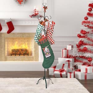 60 in. Black Wrought Iron Freestanding Christmas Stocking Holder Heart Top Floor Stand Mantle Replacement 6 Hooks