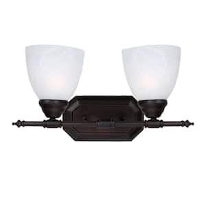Jeffrey 16 in. 2-Light Oil Rubbed Bronze Vanity Light with White Alabaster Glass Shades