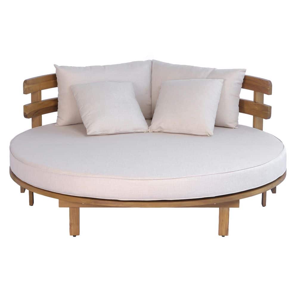 Solid Acacia Wood Outdoor Round Day Bed with Beige Cushions, Curved Slatted Backrest
