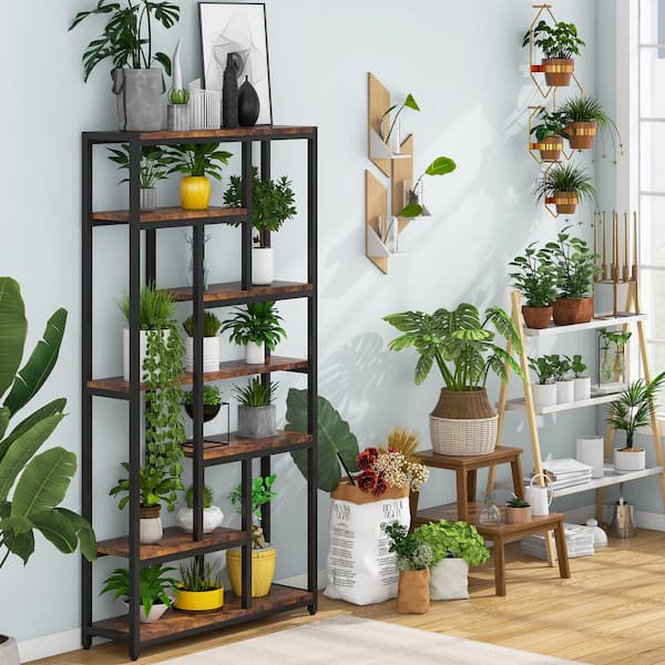 Earlimart 78.7 in. Brown Wood 7-Shelf Etagere Bookcase with Open Back
