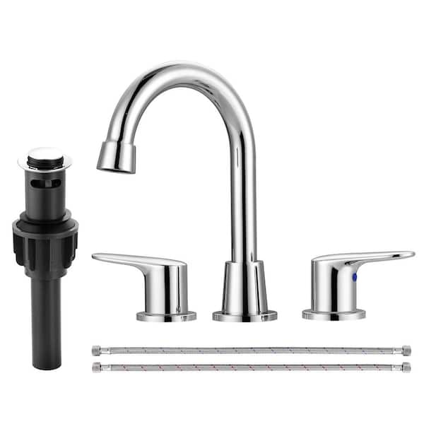 IVIGA 8 in. Widespread Double Handle Bathroom Faucet with 2-Aerators, Pop Up Drain and Supply Lines in Polished Chrome