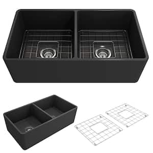 Classico Farmhouse Apron Front Fireclay 33 in. Double Bowl Kitchen Sink with Bottom Grid and Strainer in Matte Dark Gray