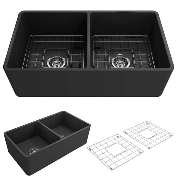 BOCCHI Classico Farmhouse Apron Front Fireclay 33 in. Double Bowl Kitchen Sink with Bottom Grid and Strainer in Matte Dark Gray