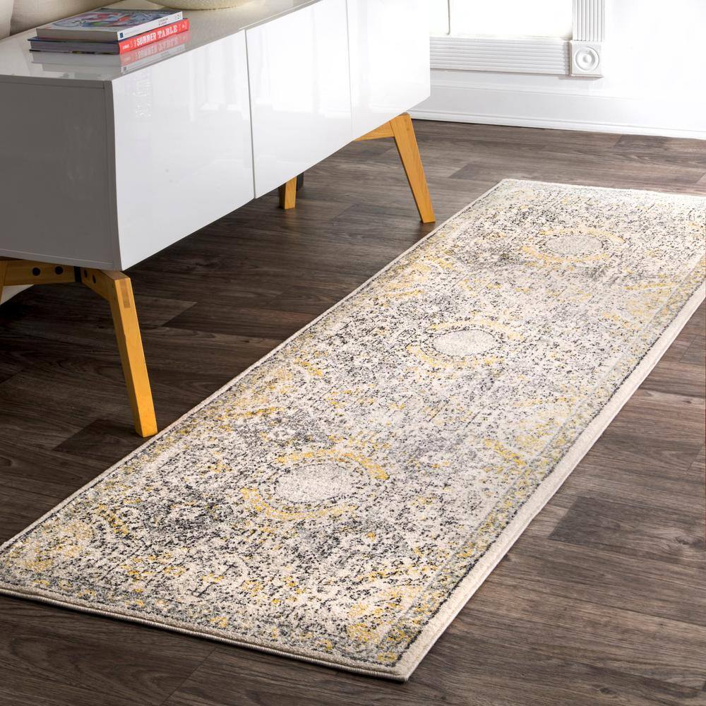 Elegant Vintage Gold Distressed Runner Rug, 2' 8" x 8'