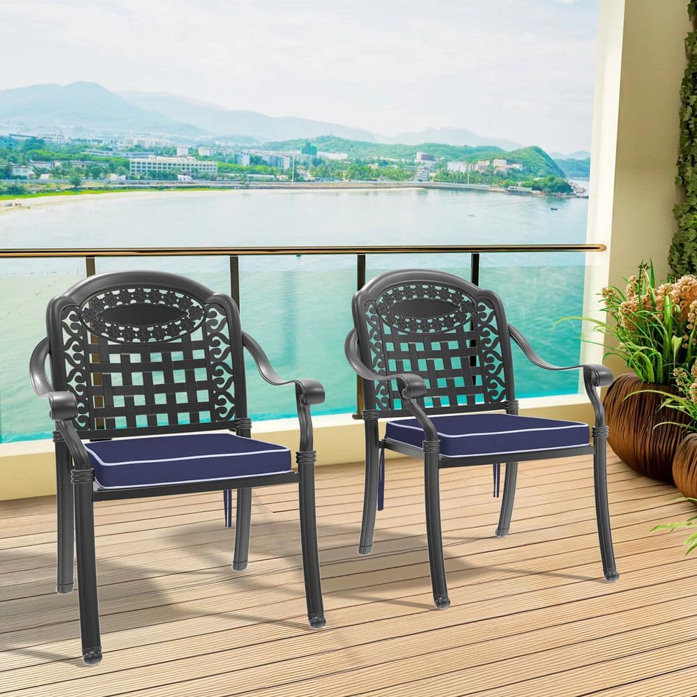 Black Cast Aluminum Outdoor Dining Chair 2PCS with Water Resistant Blue Cushions and Black Rust Resistant Frame price history on PriceWatchPro