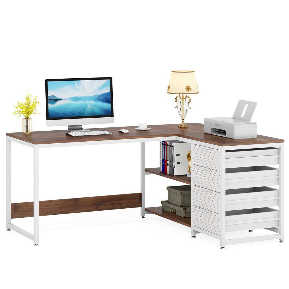 Lanita 59 in. Rectangle Brown Engineered Wood 4-Drawer Executive Desk with Shelves for Home Office
