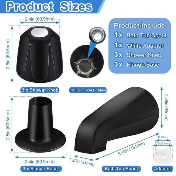 KHKFY Matte Black Tub Spout and 3-Knob Shower Trim Kit with 1/2 in