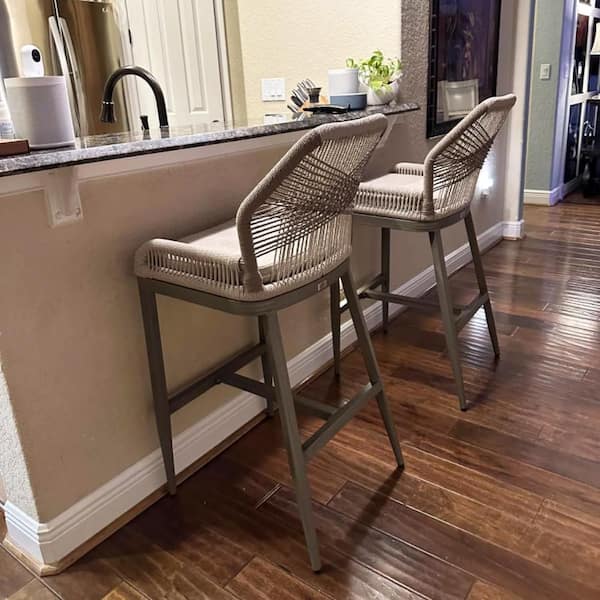 Modern Aluminum Twill Wicker Woven Counter Height Outdoor Bar Stool with Back and Beige Cushion (4-Pack)