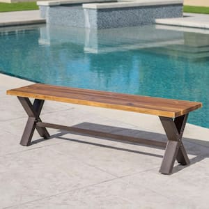 Outdoor Acacia Wood Dining Bench, Teak Finish/Rustic Metal