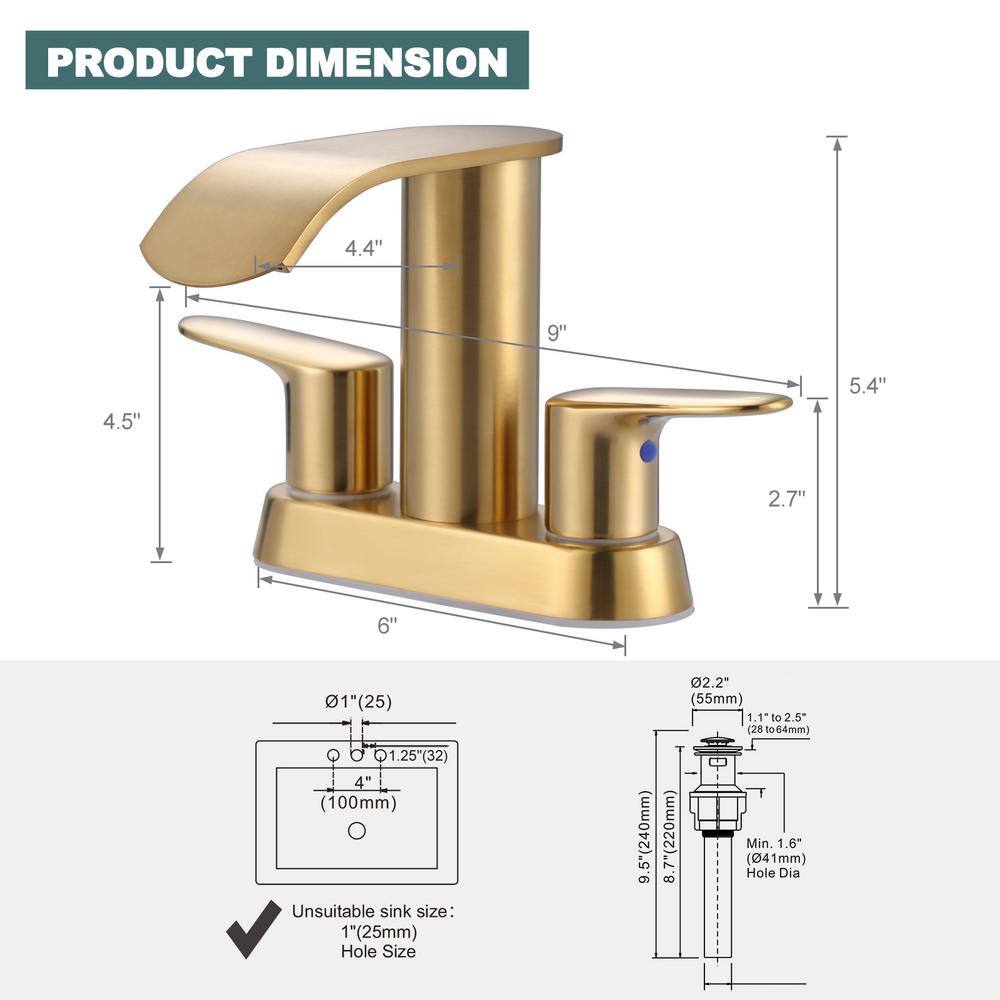 Brushed Gold Stainless Steel Double Handle Waterfall Bathroom Faucet