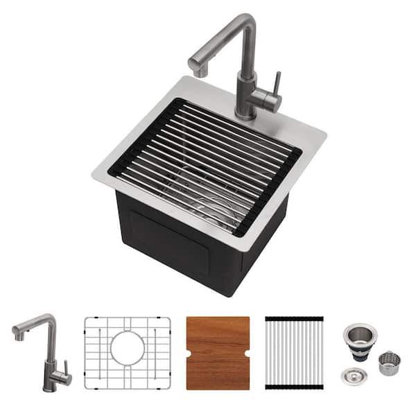 16-Gauge Stainless Steel 15 in. x 15 in. Drop-In Single Bowl RV Workstation Bar Prep Kitchen Sink with Pull-Out Faucet