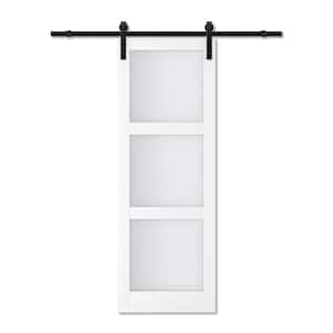30 in. x 84 in. White 3-Lites Tempered Frosted Glass and MDF Sliding Barn Door with Hardware Kit