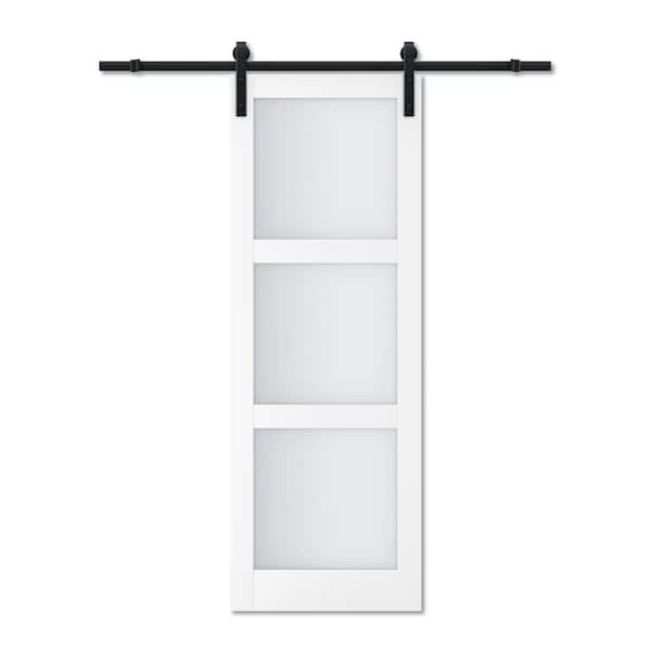 ARK DESIGN 30 in. x 84 in. White 3-Lites Tempered Frosted Glass and MDF Sliding Barn Door with Hardware Kit