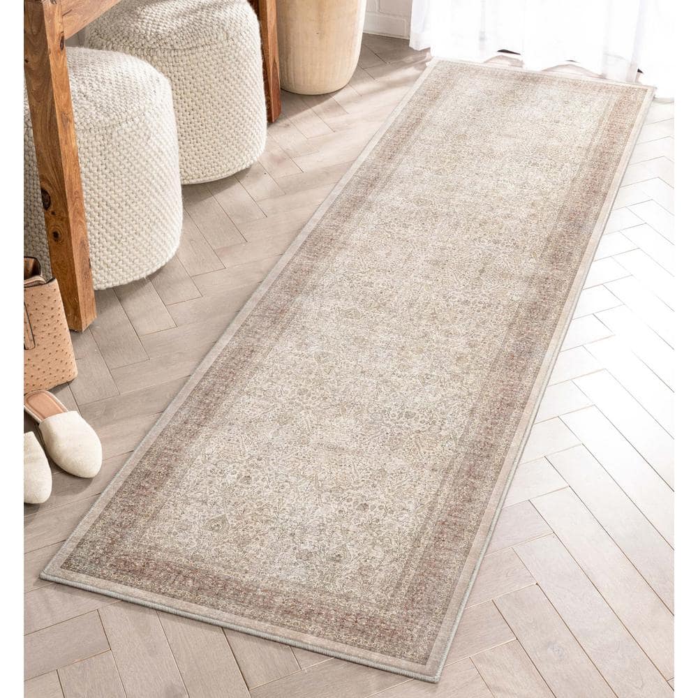 Beige Chenille Vintage Oriental Flat-Weave Runner Rug