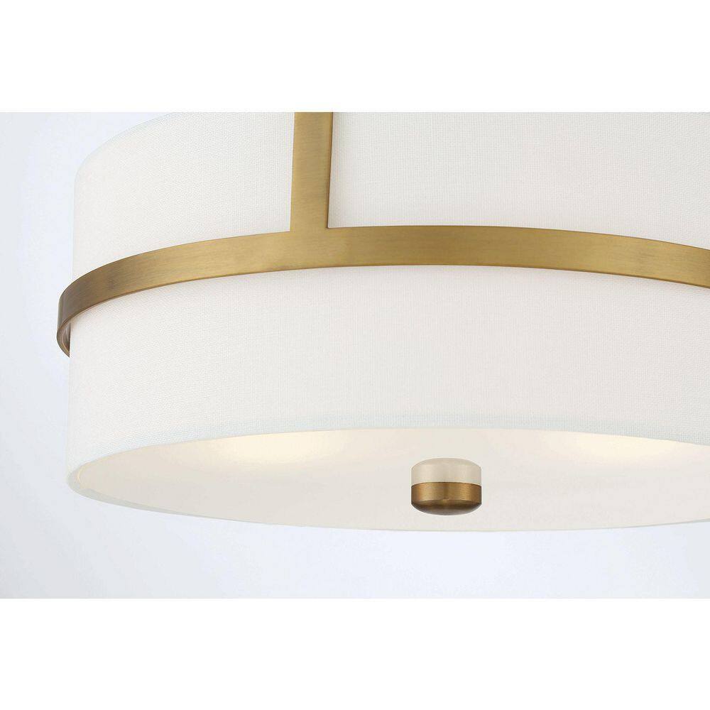 Natural Brass and White Fabric Drum 2-Light Ceiling Flush Mount