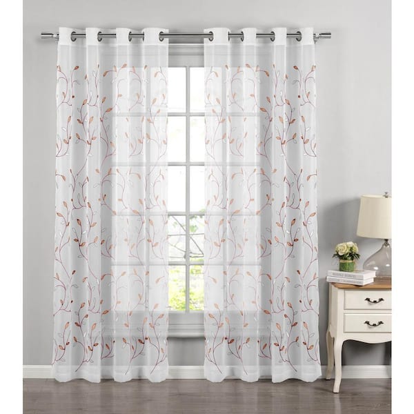 Wavy LeavesPink Orange White 54 in. W x 84 in. L Embroidered Grommet Sheer Curtain (Single Panel)