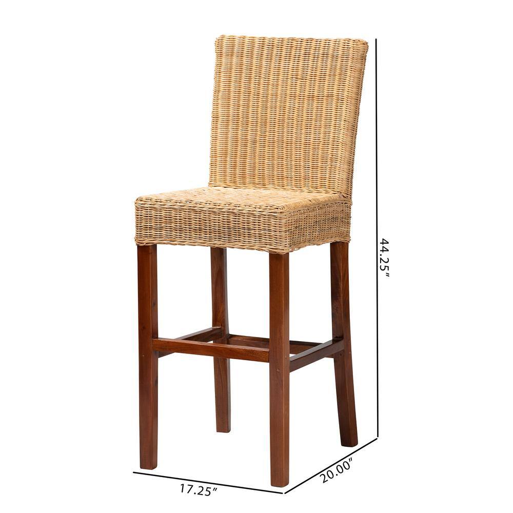 Racquel Natural Rattan and Mahogany Wood Bar Stool with Ergonomic Footrests