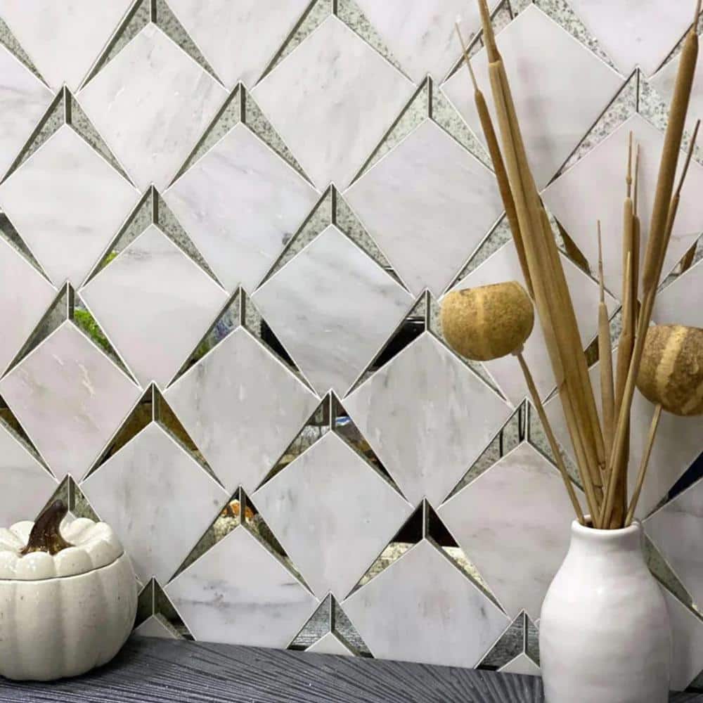 Arrowhead White Marble and Antique Mirror Glass Mosaic Wall Tile