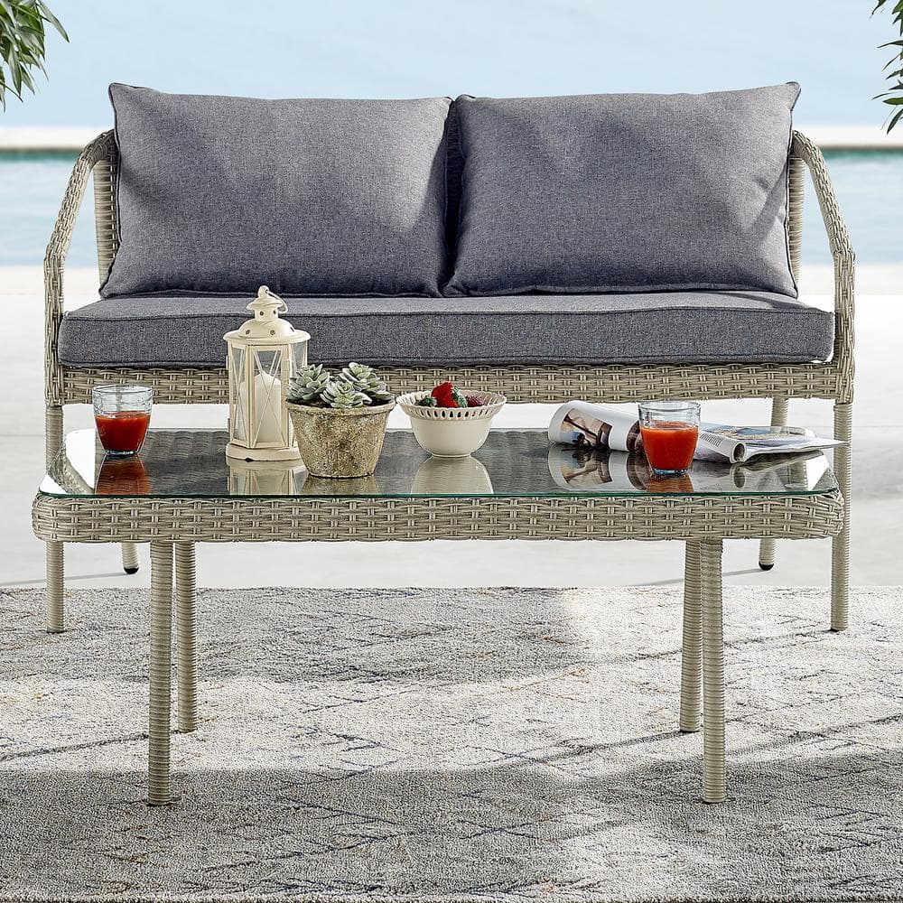 Windham Light Gray All-Weather Wicker Outdoor Coffee Table with Glass Top