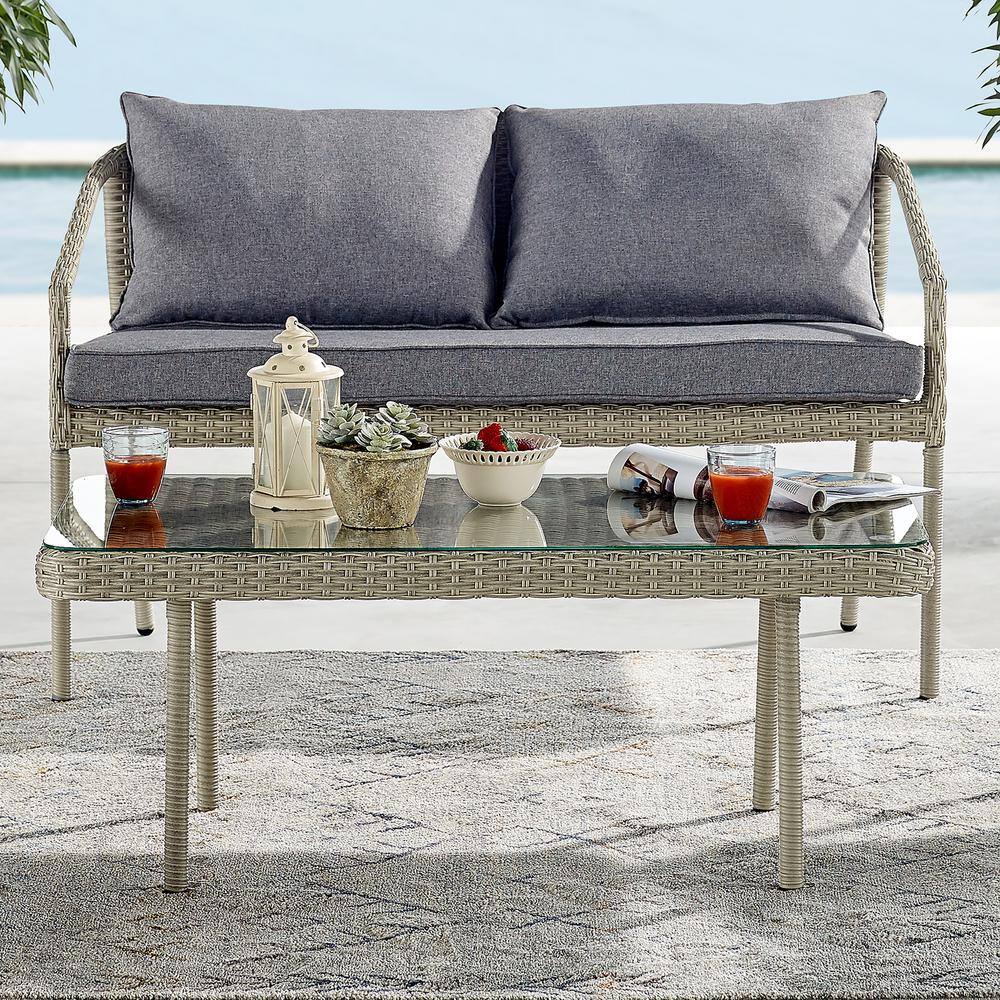 Windham Light Gray All-Weather Wicker Outdoor Coffee Table with Glass Top