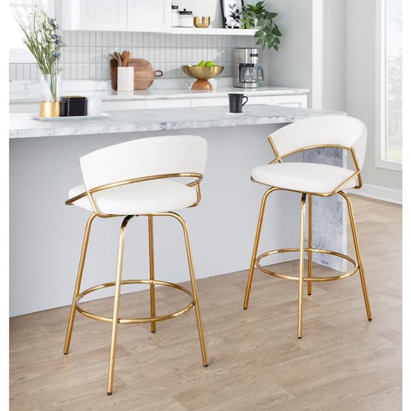 Jie 25.75 in. White Faux Leather and Gold Metal Fixed-Height Counter Stool (Set of 2)