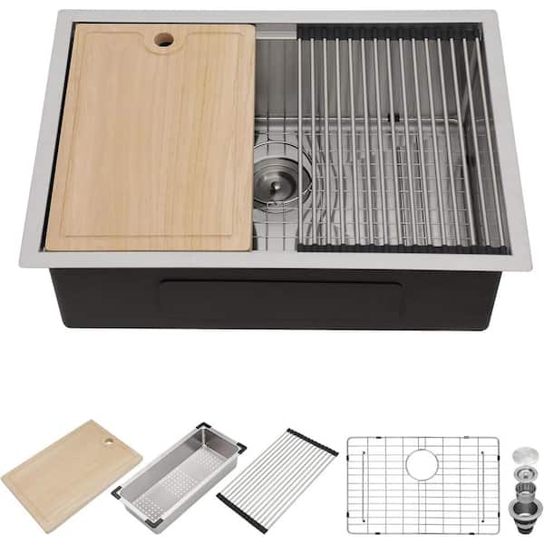 27 in. Undermount Single Bowl 16G Stainless Steel Kitchen Bar Sink with Workstation and Chopping Board