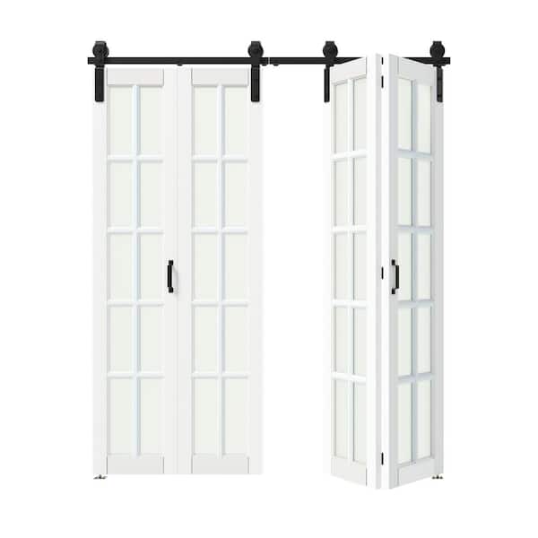 TENONER 60 in. x 84 in. 10 Lite Frosted Glass White Finished MDF Bi-Fold Style Sliding Barn Door with Hardware Kit