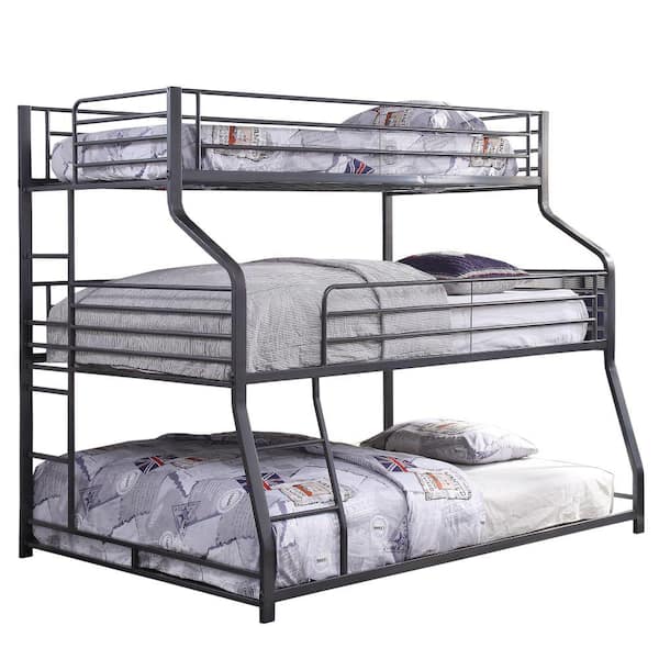 Benjara Industrial Style Gray Metal Triple Bunk Bed with Attached Ladder