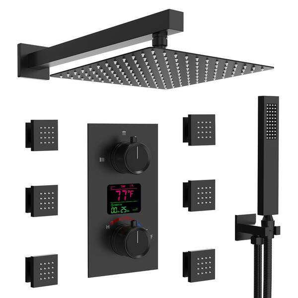 EVERSTEIN LCD Temp&Time Display 3-Spray 12 in. Black Wall Mount Shower System with Shower Head Handheld Set