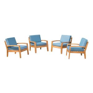 Grenda Teak Finish Armed Wood Outdoor Lounge Chairs with Blue Cushions (4-Pack)