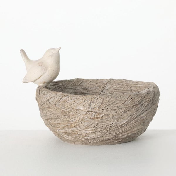 10.5 in. Ivory Resin Bird On Nest Bird Bath
