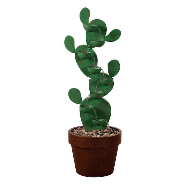 HI-LINE GIFT LTD Metal Cactus Cascade Fountain with River Stones - Outdoor