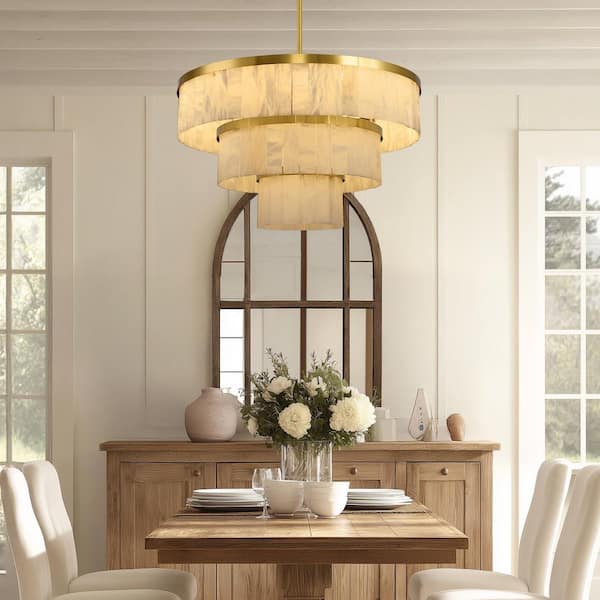 34 in. 16-Light Dimmable Alabaster Brass LED Round 3-Tiers Chandelier, for Living Room, Dining Room, Kitchen Island