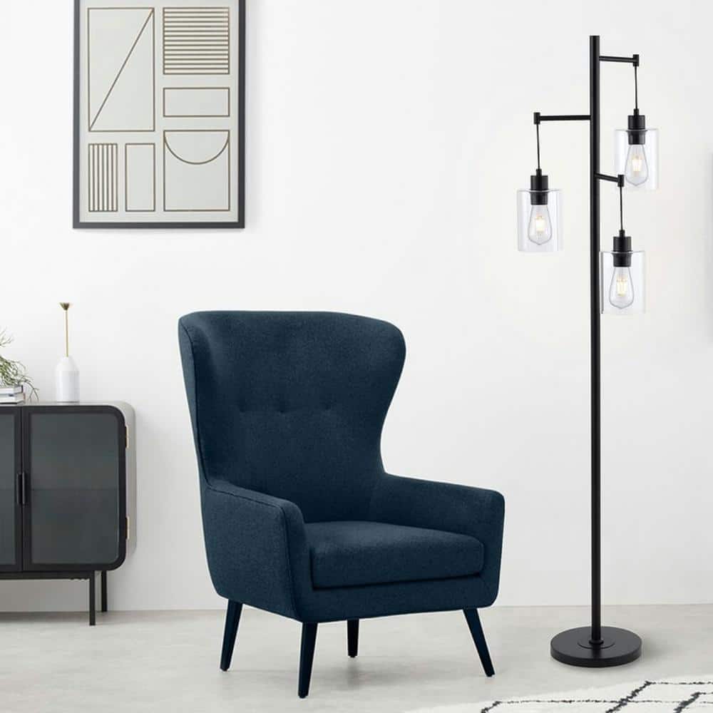 Industrial 69" Matte Black 3-Light Tree Floor Lamp with Glass Shades